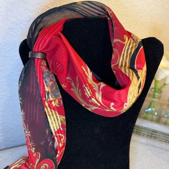 Red, black, and gold silk scarf with floral, filagree and vase motif. 53” x 10” - Picture 2 of 7
